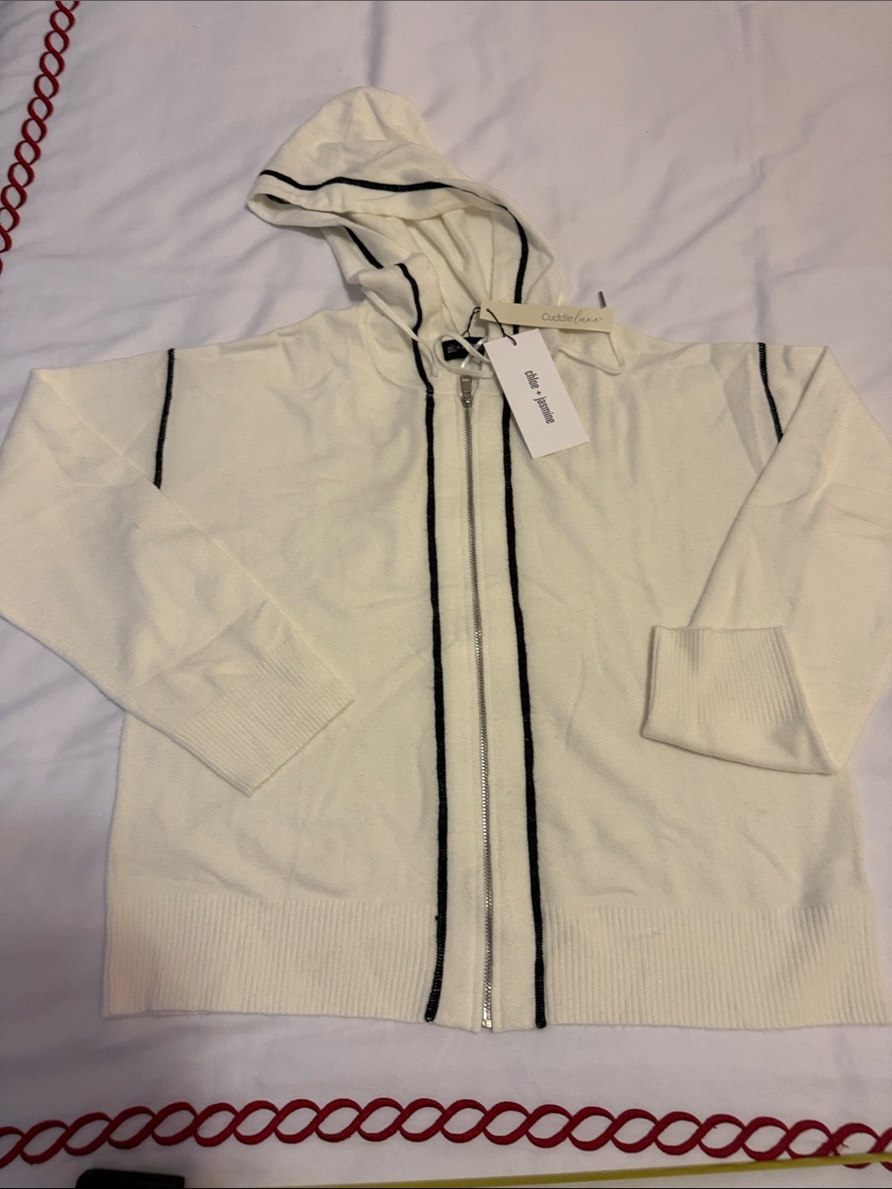 Cuddle luxe Cream Hooded Zip Cardigan with Black Contrast Trim